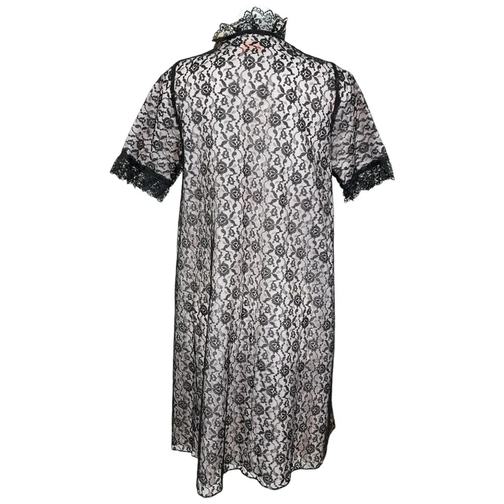 Union Made Fashions by Marilyn Pink with Black Lace Overlay Belted Robe Small